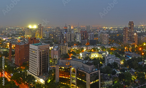  Aerial View of the city skyline at night central New Delhi India.