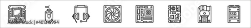 set of 8 computer devices thin outline icons such as chip, mouse, headphones, fan, mainboard, motherboard, diskette, ssd drive