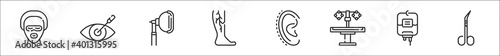 set of 8 plastic surgery thin outline icons such as woman, eye, anesthesia, veins, ear, surgical table, dropper, surgical