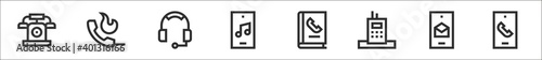set of 8 phone thin outline icons such as telephone, hotline, headset, music player, phone book, mobile phone, smartphone, smartphone