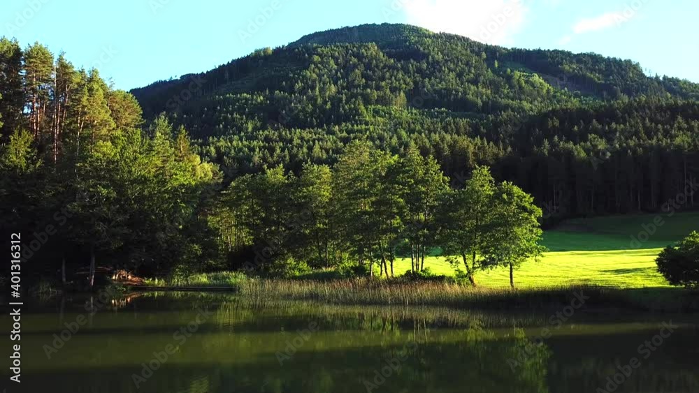 Aerial view of a pond surrounded by trees on an Austrian mountain valley, on a sunny day