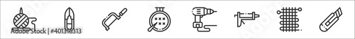 set of 8 diy crafts thin outline icons such as yarn ball, scissors, hand saw, stitching, driller, caulk gun, knitting, cutter