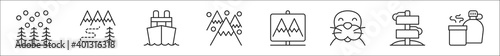 set of 8 arctic thin outline icons such as alpine, winter, boat, mountains, national park, seal, directions, canteen