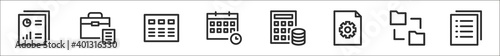 set of 8 project management thin outline icons such as research, project, task, deadline, budget, development, folder, test
