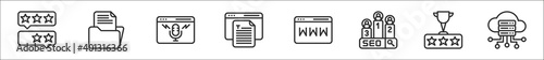 set of 8 internet marketing strategy thin outline icons such as rating, archive, podcast, website content, browser, pagerank, ranking, server