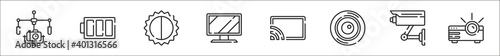 set of 8 video camera thin outline icons such as camera, battery, brightness and contrast, tv monitor, screen, lens, security camera, projector