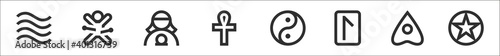 set of 8 esoteric thin outline icons such as water, voodoo doll, medium, ankh, yin yang, rune, spirit board, pentagram