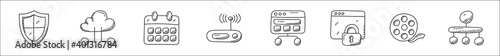 set of 8 web design and development thin outline icons such as shield, cloud network, calendar, wireless internet, sitemap, web security, cinema, hierarchical structure