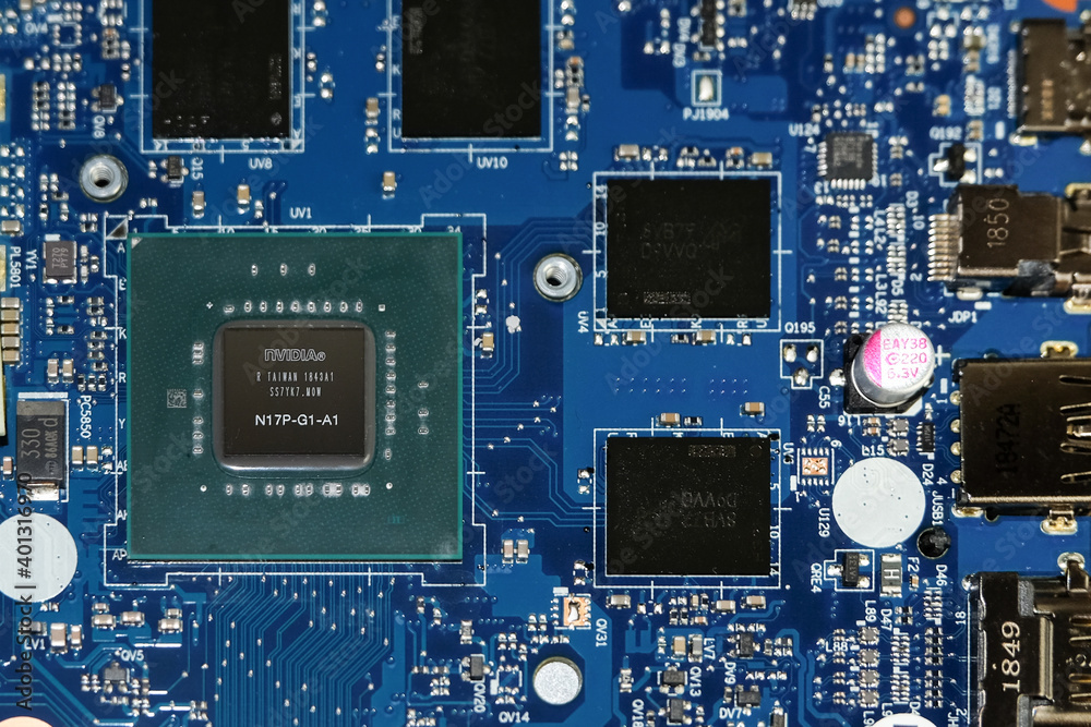 Nvidia GPU Graphics chip on a laptop motherboard. Close up. Stock-Foto |  Adobe Stock