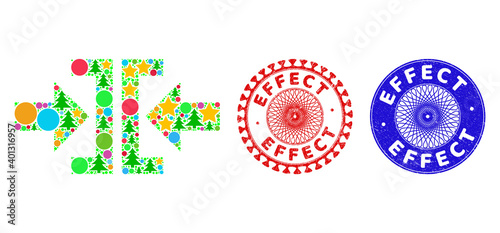 Press horizontal direction composition of New Year symbols, such as stars, fir-trees, colored circles, and EFFECT grunge seals. Vector EFFECT stamp seals uses guilloche ornament,