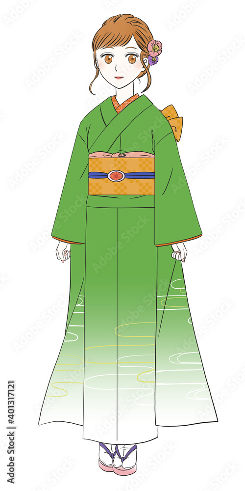 振袖の女性	緑色
