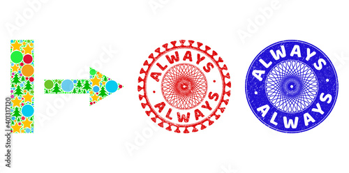 Pull right collage of New Year symbols, such as stars, fir-trees, colored balls, and ALWAYS textured stamp prints. Vector ALWAYS seals uses guilloche pattern, designed in red and blue colors. Stars,