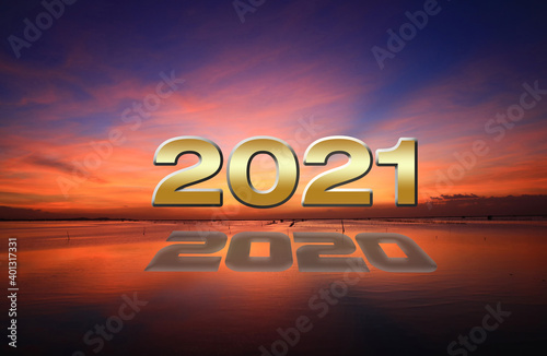 New day of New Year 2021 with 2020 shadow againt sunrise sky
