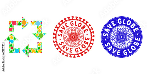 Recycle mosaic of Christmas symbols, such as stars, fir-trees, multicolored spheres, and SAVE GLOBE corroded stamp seals. Vector SAVE GLOBE stamp seals uses guilloche ornament,