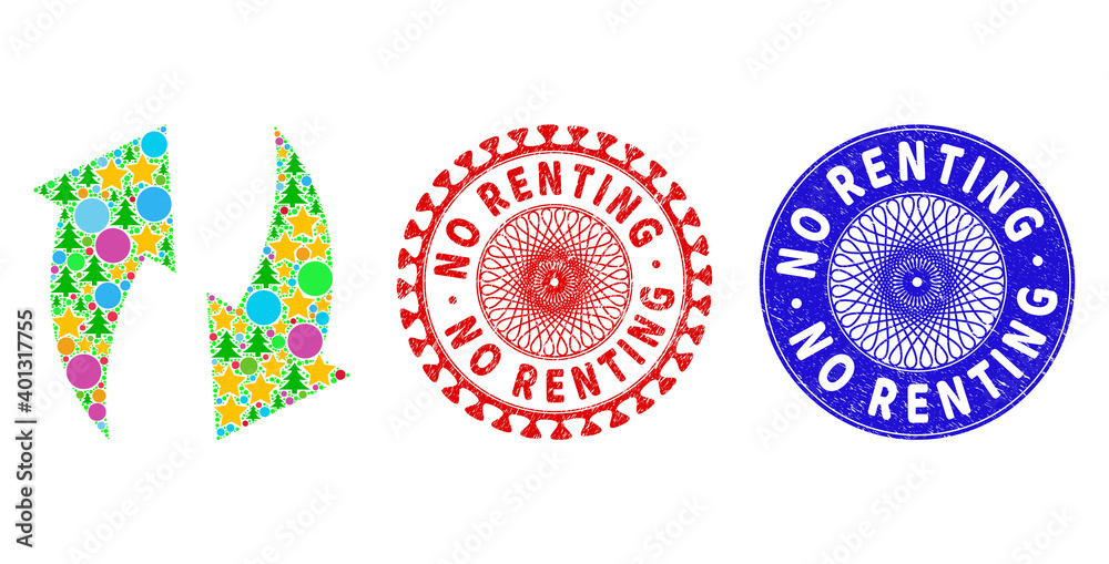 Refresh collage of New Year symbols, such as stars, fir-trees, colored circles, and NO RENTING rubber stamp prints. Vector NO RENTING stamp seals uses guilloche pattern, Refresh collage of New Year symbols, such as stars, fir-trees, colored circles, and NO RENTING rubber stamp prints. Vector NO RENTING stamp seals uses guilloche pattern,