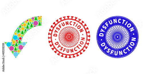 Rotate down mosaic of Christmas symbols, such as stars, fir-trees, colored balls, and DYSFUNCTION rough stamp seals. Vector DYSFUNCTION stamp seals uses guilloche pattern,