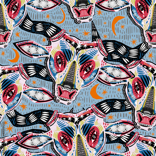 Folk rustic Hygge flash style bull or ox head seamless pattern. Retro aesthetic background for Taurus sign of zodiac.