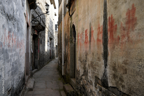 A narrow alley snakes between Ming and Qing Dynasty houses in the village of Tangyue  Anhui Province  China.