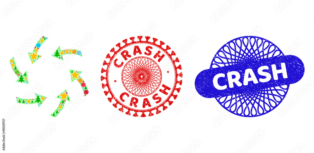 Swirl arrows collage of New Year symbols, such as stars, fir trees, bright balls, and CRASH rubber stamp seals. Vector CRASH stamp seals uses guilloche pattern, designed in red and blue colors. Stars, Swirl arrows collage of New Year symbols, such as stars, fir trees, bright balls, and CRASH rubber stamp seals. Vector CRASH stamp seals uses guilloche pattern, designed in red and blue colors. Stars,