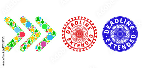 Triple arrowhead right collage of Christmas symbols, such as stars, fir-trees, color spheres, and DEADLINE EXTENDED unclean stamp seals. Vector DEADLINE EXTENDED stamps uses guilloche pattern,