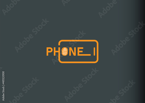 Phone wordmark logo design. Vector illustration of phone fingerprint security scan icon design. Modern logo design with line art style.