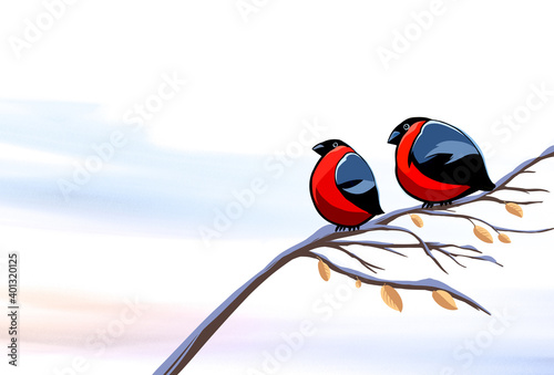 two best red bullfinch birds on a tree with watercolor background