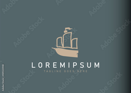 Galleon logo design. Vector illustration of minimalist old ship icon design. Modern logo design with flat line style.