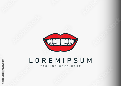 Smile lips logo design. Vector illustration of the lips of a woman who smiled broadly and revealed her white teeth icon design. Modern logo design with line art style.