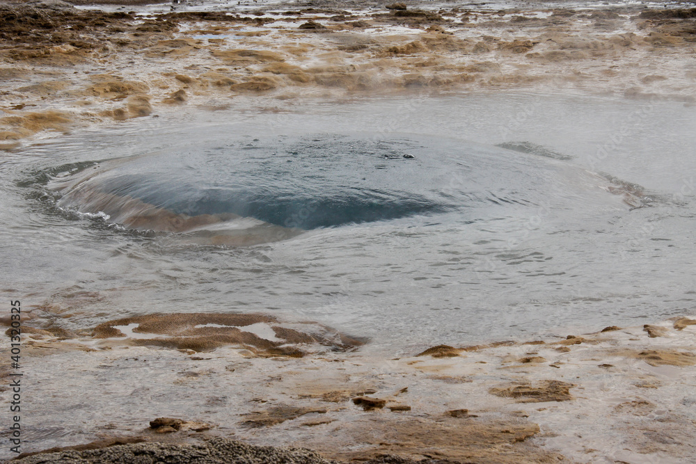 Strokkur Geyser forming blue bubble before erupting, Geysir, Iceland Strokkur Geyser forming blue bubble before erupting, Geysir, Iceland