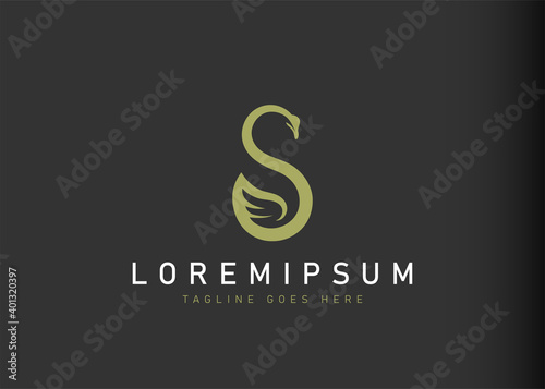 Initial letter S swan logo design. Vector illustration of initial letter s to form the wings and head of a goose icon design. Modern logo design with wordmark style.