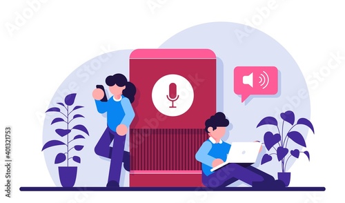 User with voice controlled smart speaker or voice assistant. Voice activated digital assistants, home automation hub, internet of things concept. Modern flat illustration.