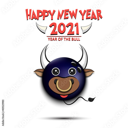 Happy New year. 2021 year of the bull. Cute muzzle bull in the form of a bowling ball. Bowling ball made in the form of a cow. Greeting card design template with for 2021 new year. Vector illustration