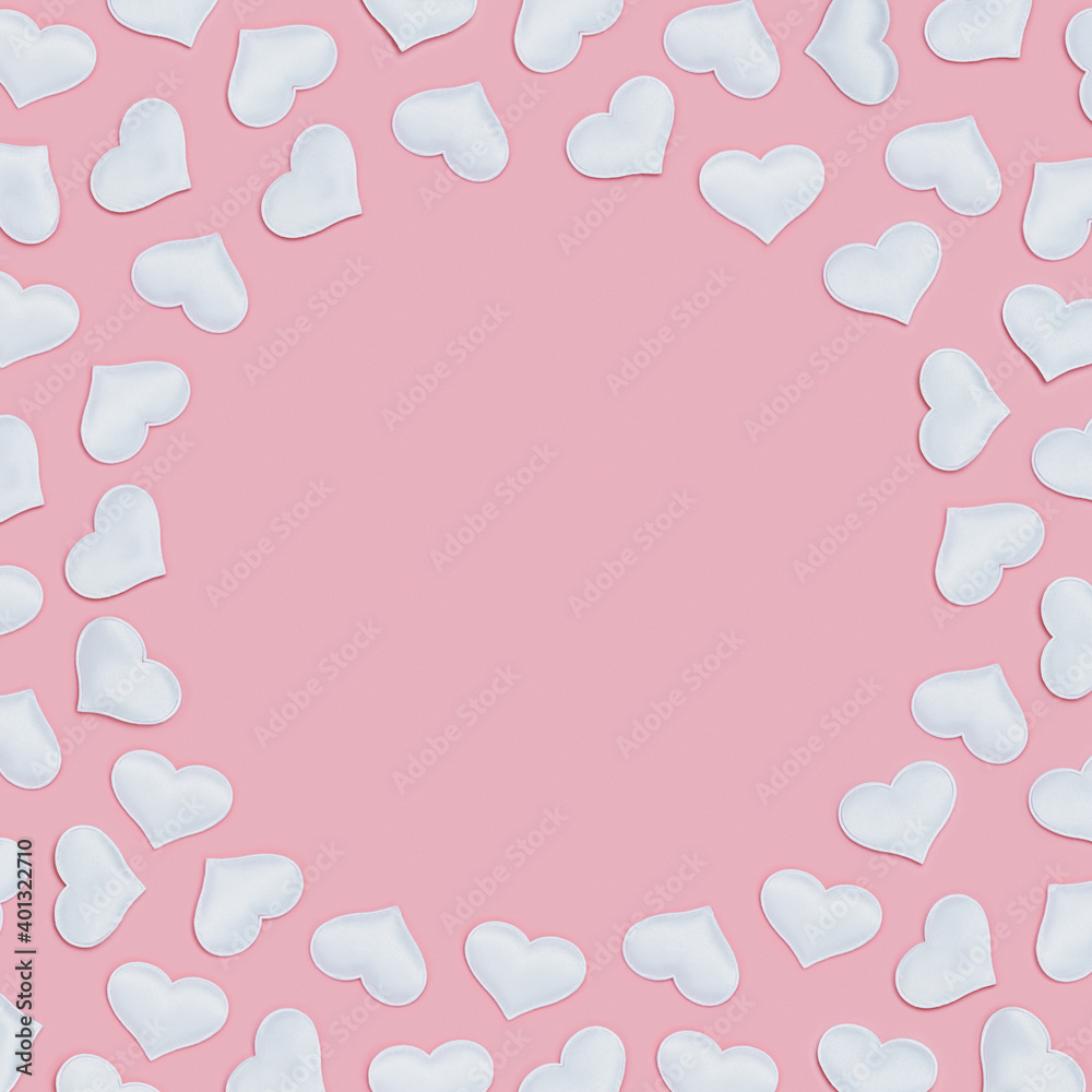 Romantic frame from white hearts on pink fon. Holiday background for Valentines Day. Love concept. Plain colored. Minimal style.