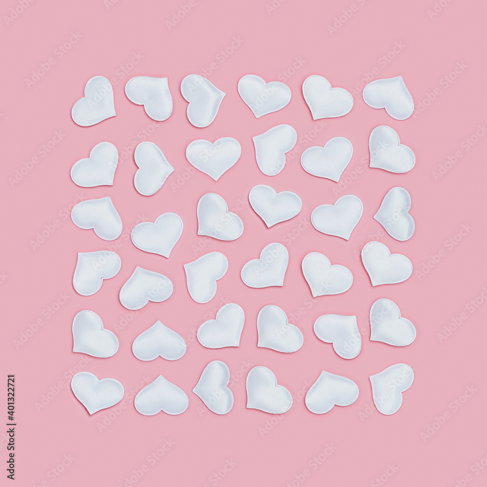 White hearts inscribed in square shape on pink fon. Holiday background for Valentines Day. Love concept. Plain colored. Minimal style.