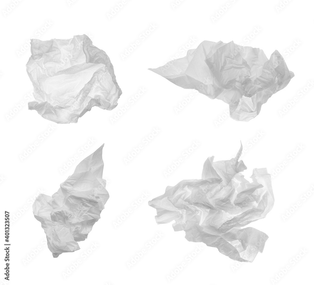 Set with used crumpled paper tissues on white background Set with used crumpled paper tissues on white background