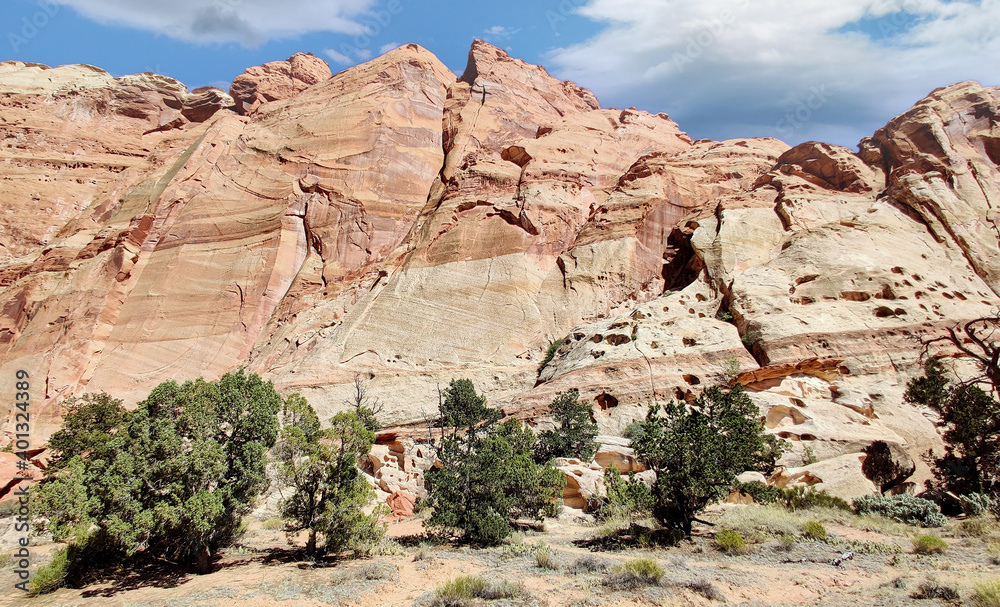 Golden sandstone geographical formations with a desert prairie landscape on a hot summer day at the Cohan Canyon Trail in Capitol Reef National Park Southern Utah. Golden sandstone geographical formations with a desert prairie landscape on a hot summer day at the Cohan Canyon Trail in Capitol Reef National Park Southern Utah.