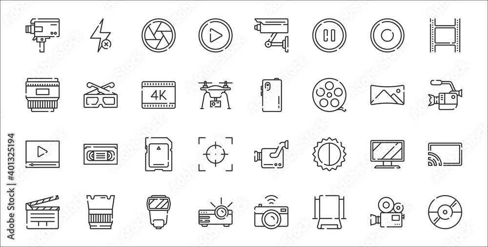 set of 32 video camera thin outline icons such as dvd, chroma, projector,  clapperboard, tv monitor, memory card, video camera, mobile camera, d  glasses Stock Vector | Adobe Stock