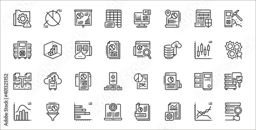 set of 32 data analytics thin outline icons such as server, report, machine, histogram, database, data, automation, data, d