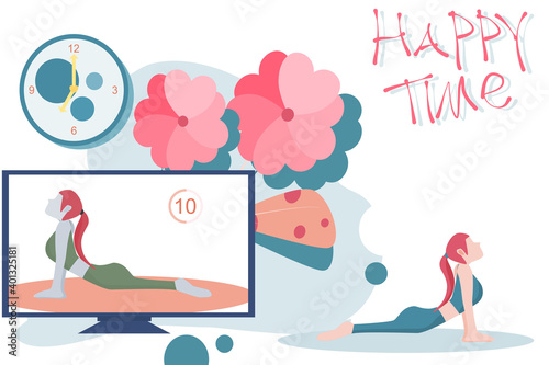 Concept happy time, lifestyle relax health care. Young women who are practicing yoga follow on TV, do yoga activities for good health.  Flat style vector illustration for content, yoga activities