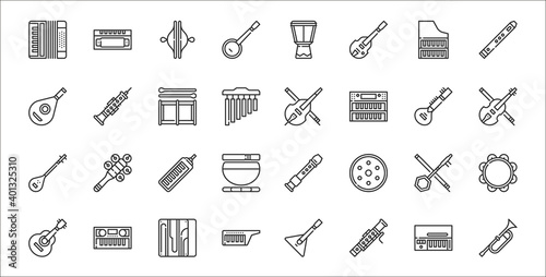 set of 32 music instruments thin outline icons such as trumpet, bassoon, keytar, ukulele, erhu, melodica, violin, cello, oboe