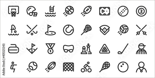 set of 32 sports thin outline icons such as athlete, squash, football goal, squats, golf club, first place, fencing, lacrosse, field hockey