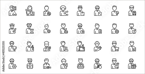 set of 32 man worker avatar thin outline icons such as financial advisor, nutritionist, engineer, technician, bus driver, chef, therapist, hacker, historian