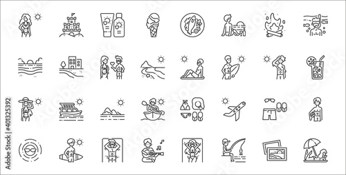 set of 32 summer holiday thin outline icons such as sunbathing, fishing, guitar playing, sun, outfit, island, juice, sunbathing, beach