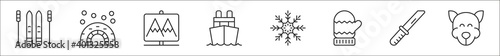set of 8 arctic thin outline icons such as skis, igloo, national park, boat, freeze, gloves, knife, siberian husky
