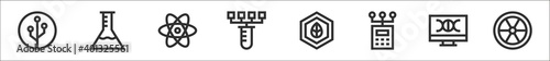 set of 8 bioengineering thin outline icons such as engineering, chemistry, atom, test tube, biotechnology, engineering, dna, radioactive