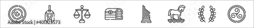set of 8 ancient greece thin outline icons such as maze, helmet, law, pandoras box, column, trojan horse, laurel, triskele