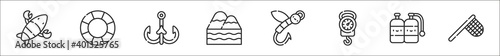 set of 8 fishing thin outline icons such as lobster, lifebuoy, fishing hook, lake, fishing baits, scale, oxygen tank, net