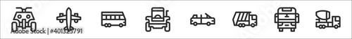 set of 8 transport thin outline icons such as all terrain, airplane, van, tractor, convertible car, garbage truck, truck, mixer truck