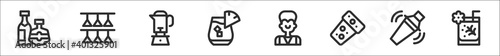 set of 8 cocktails thin outline icons such as liquor, cocktail glass, blender, cocktail, bartender, cork, shaker, cocktail