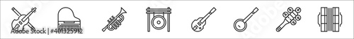 set of 8 music instruments thin outline icons such as violin, grand piano, trumpet, gong, bass, banjo, rattle, concertina